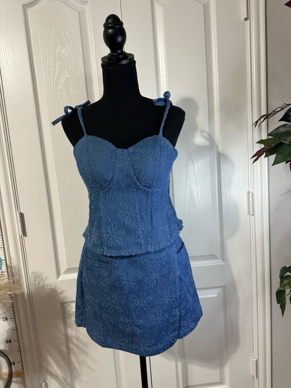 Blue Denim Floral Two-Piece Set - Bustier Top & Mini Skirt,Elastic Back Panel